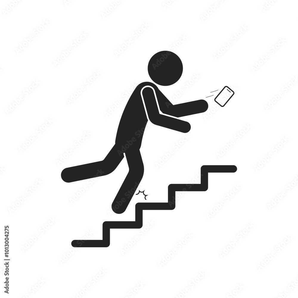 Isolated illustration of man stick figure walking down stair with hold or while use hand phone, for caution cell phone using restricted safety sign
