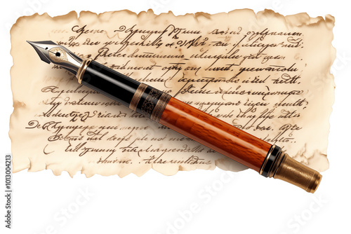 Handwritten letter with a vintage fountain pen resting beside it on a transparent background	