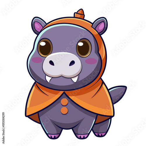 Cute cartoon baby pygmy hippo character with an orange hood on a white background.