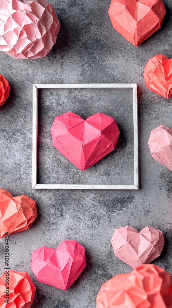 Romantic Paper Hearts Composition with Geometric Background and Frame for Love Messages Romantic Paper Hearts Composition with Geometric Background and Frame for Love Messages
