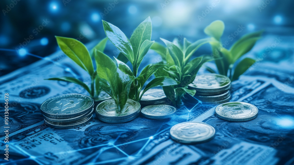 This image shows a blue, futuristic design representing a sustainable economy. It uses dollar coins, plants, and a growth chart to symbolize how money, nature, and progress can work together. This image shows a blue, futuristic design representing a sustainable economy. It uses dollar coins, plants, and a growth chart to symbolize how money, nature, and progress can work together.