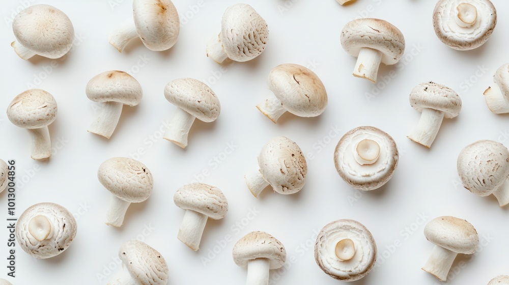 A collection of fresh button mushrooms with stems intact, beautifully arranged on a white background A collection of fresh button mushrooms with stems intact, beautifully arranged on a white background