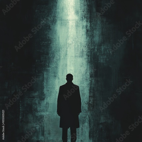 Silhouette of Man Standing in Light Beam on Grunge Background