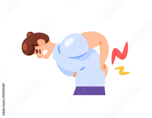 illustration of a man feeling pain in the lower back. back pain, symptoms of stiff or tense muscles. inflammation or pain in the spine. health problems. flat style character design. elements