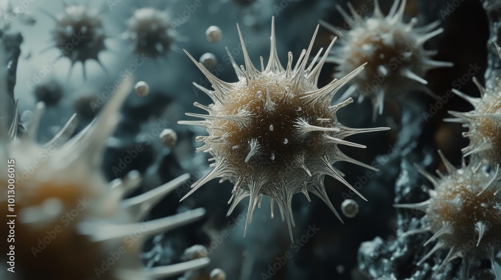 A detailed image showcasing virus particles with spiky surfaces, highlighting their spherical shape and intricate structures typically seen under microscopic examination A detailed image showcasing virus particles with spiky surfaces, highlighting their spherical shape and intricate structures typically seen under microscopic examination