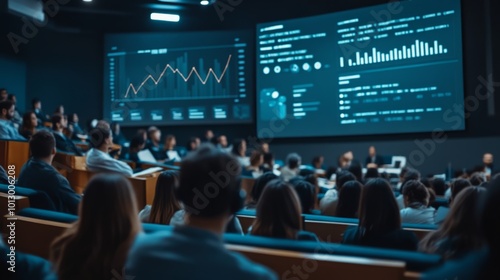 A group of business people in an auditorium, watching as the person at the front presents with charts and graphs on the screen, showing data and an upward trend in growth