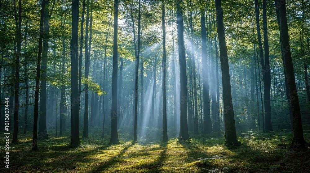 Fototapeta premium Sunbeams pierce through misty forest. Perfect for nature, tranquility, and peace themes.
