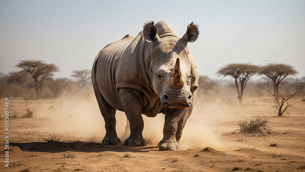 Fototapeta premium Rhinoceros Walking Through a Dusty Savannah