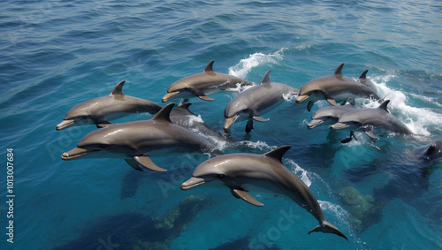 School of Dolphins Swimming Together