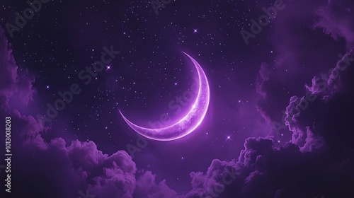 Dreamy purple night sky with luminous crescent moon wispy clouds and twinkling stars celestial phone wallpaper