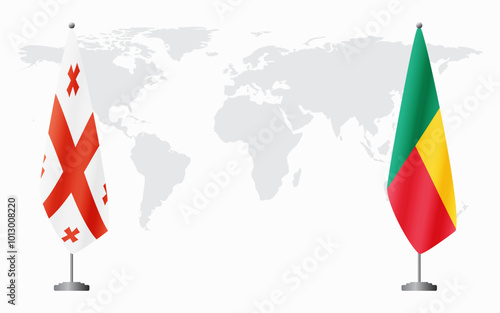 Georgia and Benin flags for official meeting against background of world map.