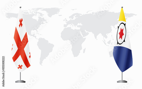Georgia and Bonaire flags for official meeting against background of world map.