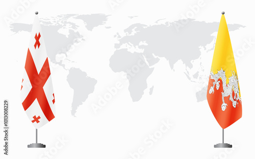 Georgia and Bhutan flags for official meeting against background of world map.