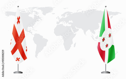 Georgia and Burundi flags for official meeting against background of world map.