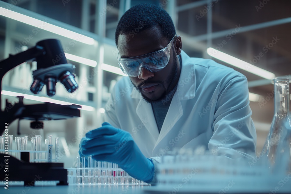 A scientist carefully handles test tubes while wearing gloves and protective glasses, focused on conducting experiments in a lab. Generative AI A scientist carefully handles test tubes while wearing gloves and protective glasses, focused on conducting experiments in a lab. Generative AI