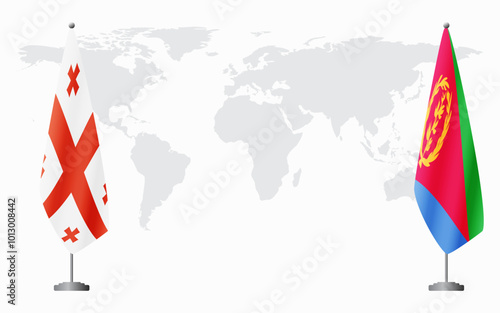 Georgia and Eritrea flags for official meeting against background of world map.