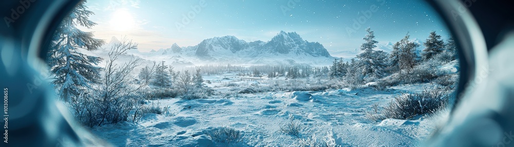 Breathtaking winter landscape featuring snow-covered mountains and a serene river under a clear blue sky