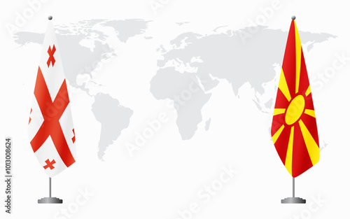 Georgia and Northern Macedonia flags for official meeting against background of world map.