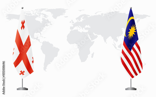 Georgia and Malaysia flags for official meeting against background of world map.