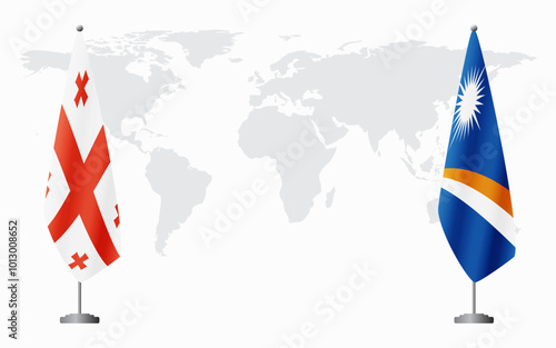 Georgia and Marshall Islands flags for official meeting against background of world map.