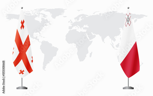 Georgia and Malta flags for official meeting against background of world map.