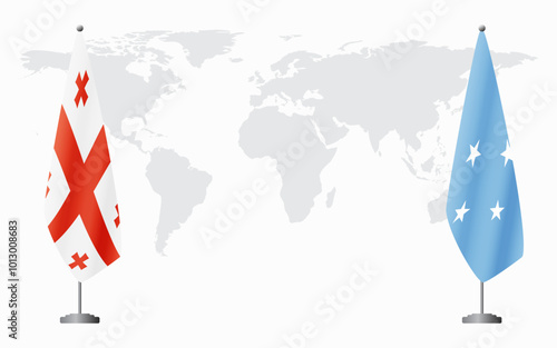 Georgia and Micronesia flags for official meeting against background of world map.