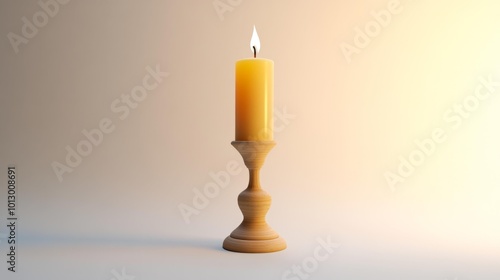 Elegant Candle in Wooden Holder on a White Background Flickering Flame. Generative AI