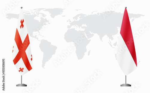 Georgia and Monaco flags for official meeting against background of world map.