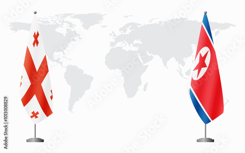 Georgia and North Korea flags for official meeting against background of world map.