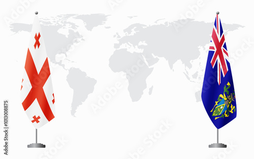 Georgia and Pitcairn Islands flags for official meeting against background of world map.