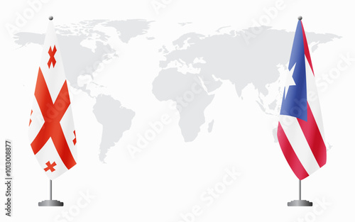 Georgia and Puerto Rico flags for official meeting against background of world map.