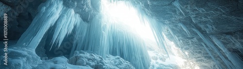 Ice cave interior POV, sunlight filtering through, immersive chill, photorealistic, adventure atmosphere