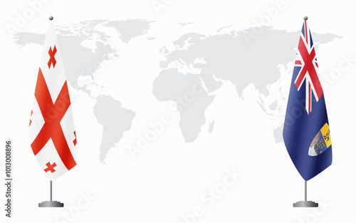Georgia and Saint Helena flags for official meeting against background of world map.