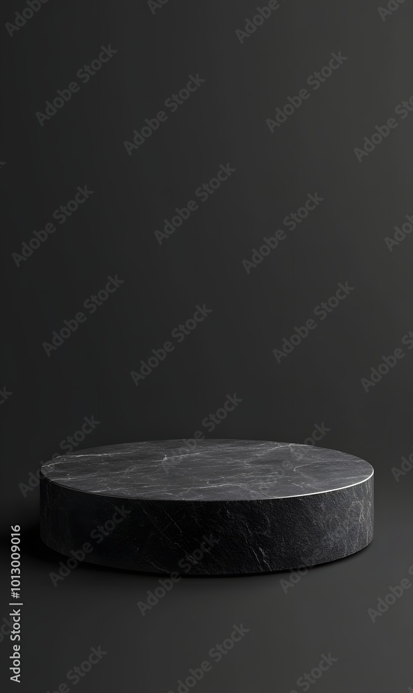 31. A sleek 3D render of a round stone podium in solid dark black, designed as a pedestal for brand product exhibitions, featuring smooth textures and sharp edges for a modern aesthetic 31. A sleek 3D render of a round stone podium in solid dark black, designed as a pedestal for brand product exhibitions, featuring smooth textures and sharp edges for a modern aesthetic