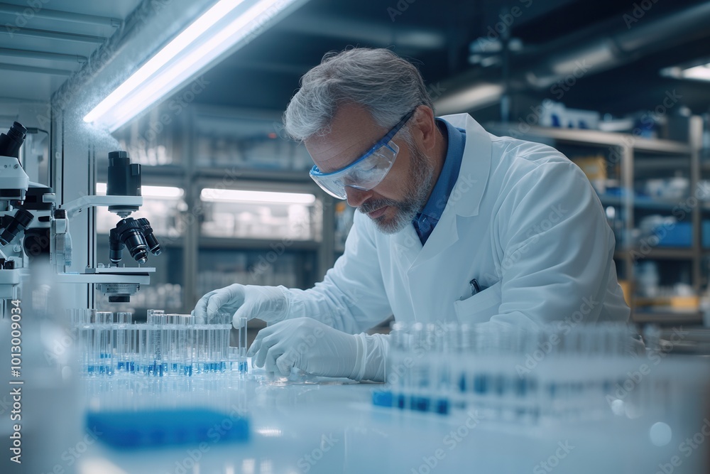 In a well-equipped laboratory, a focused scientist in a lab coat examines test tubes and samples with precision and care. Generative AI In a well-equipped laboratory, a focused scientist in a lab coat examines test tubes and samples with precision and care. Generative AI