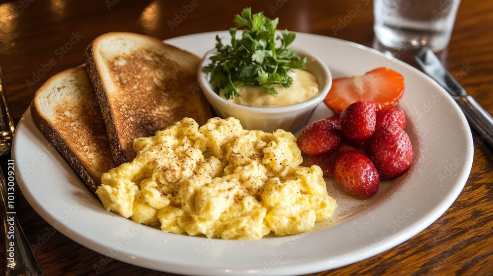 A delicious breakfast plate featuring scrambled eggs, toast, fruit, and a creamy dip, perfect for a morning meal. A delicious breakfast plate featuring scrambled eggs, toast, fruit, and a creamy dip, perfect for a morning meal.