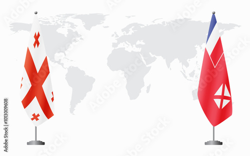 Georgia and Wallis and Futuna flags for official meeting against background of world map.