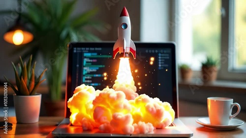 Space rocket launch from a laptop computer. Business startup innovation concept.