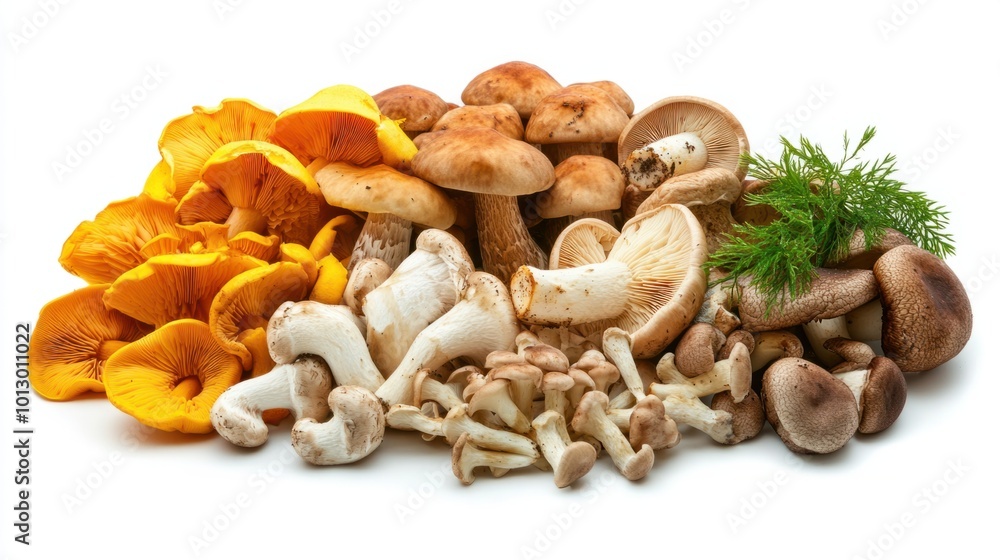 A fresh assortment of cultivated mushrooms with smooth caps and delicate stems, isolated on white A fresh assortment of cultivated mushrooms with smooth caps and delicate stems, isolated on white