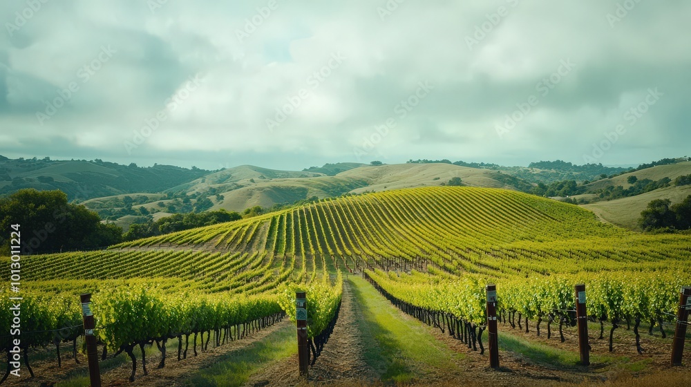 A scenic vista of a vineyard with vibrant grapevines and gentle hills, set against a backdrop of a softly overcast sky, perfect for wine lovers and outdoor enthusiast A scenic vista of a vineyard with vibrant grapevines and gentle hills, set against a backdrop of a softly overcast sky, perfect for wine lovers and outdoor enthusiast