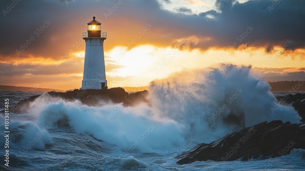 A lighthouse standing strong against powerful ocean waves crashing against the rocky shore A lighthouse standing strong against powerful ocean waves crashing against the rocky shore