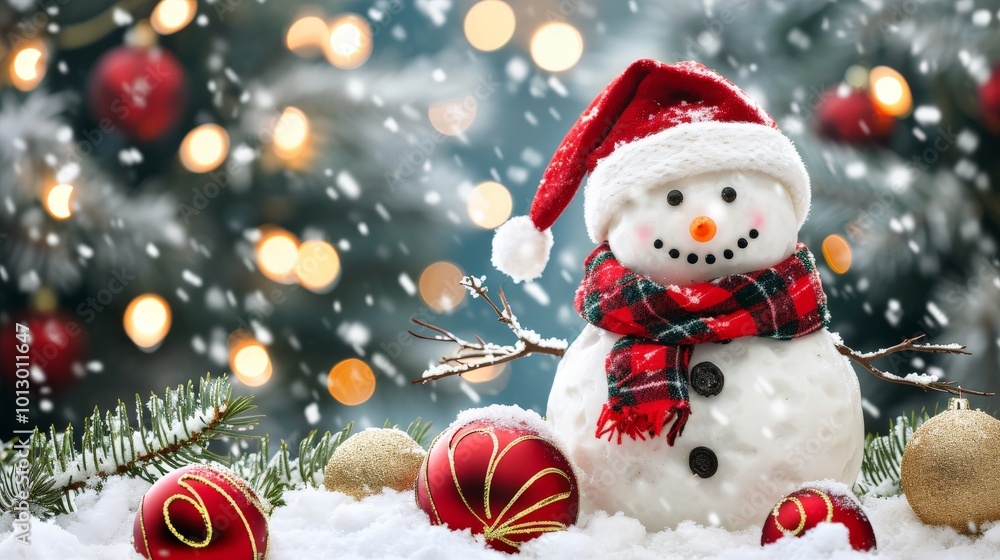 Festive Holiday Delight: A Cheerful Snowman Surrounded by Christmas Ornaments in a Snowy Wonderland Festive Holiday Delight: A Cheerful Snowman Surrounded by Christmas Ornaments in a Snowy Wonderland