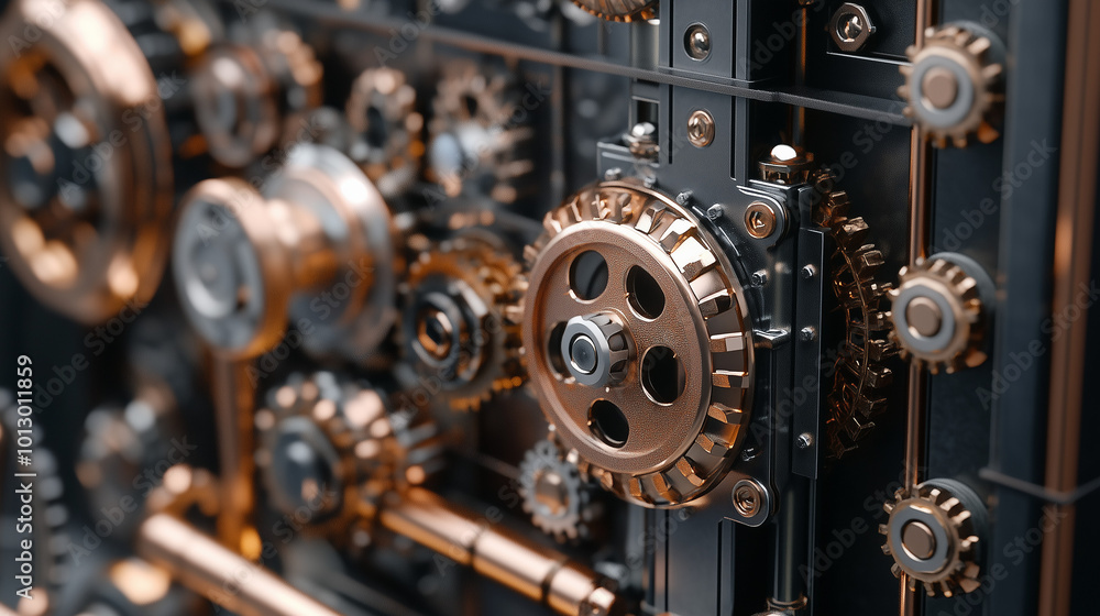 Close-Up of Industrial Gears and Mechanical Components Close-Up of Industrial Gears and Mechanical Components