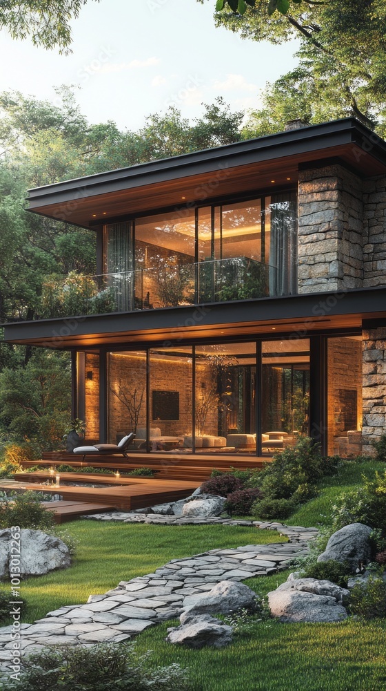 A large house with a stone exterior and a large yard A large house with a stone exterior and a large yard