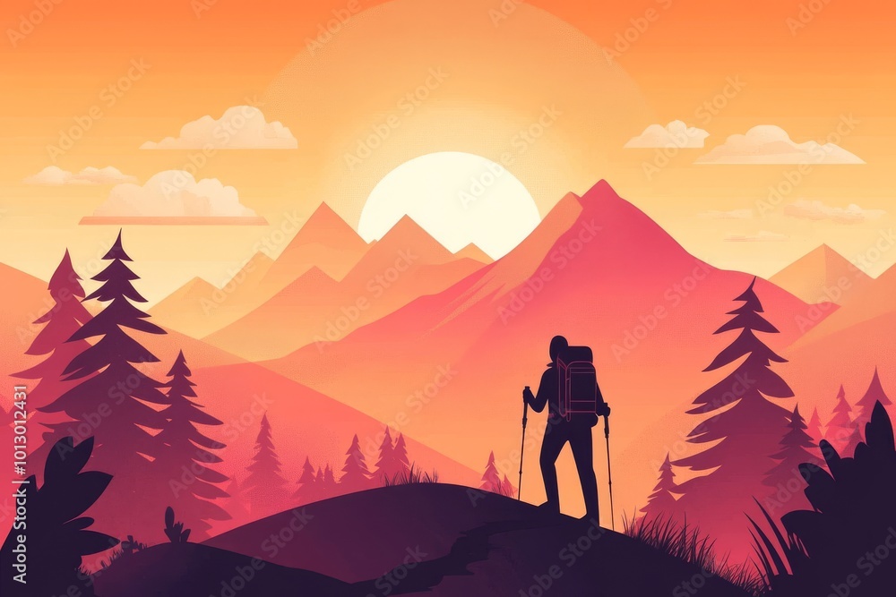 Fototapeta premium Silhouette of a Hiker Admiring the Mountainous Sunset