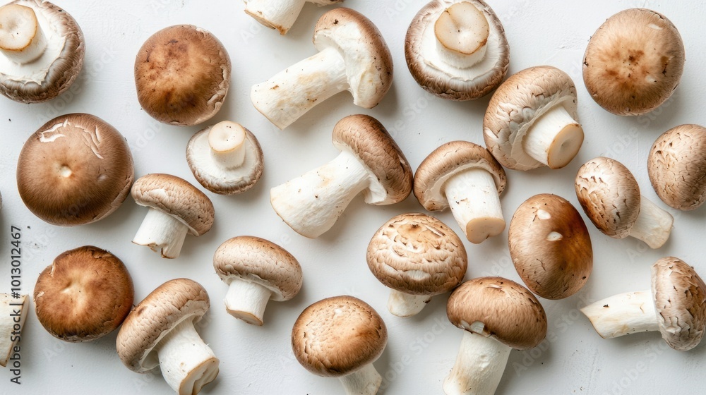 A fresh variety of white and brown button mushrooms arranged on a white background A fresh variety of white and brown button mushrooms arranged on a white background