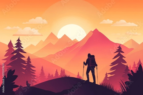 Silhouette of a Hiker Admiring the Mountainous Sunset