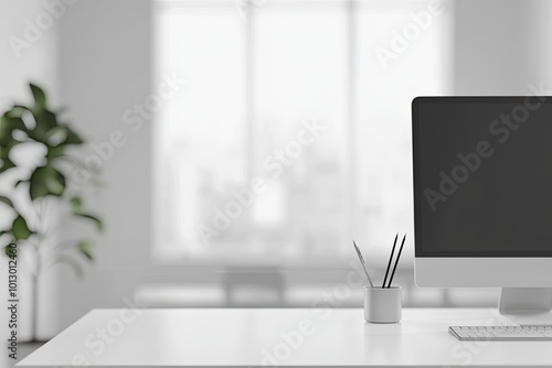 Wallpaper Mural Blurred office background with a computer and white desk in a modern interior, a business work space concept, a mockup for product display presentation, with a white background Torontodigital.ca