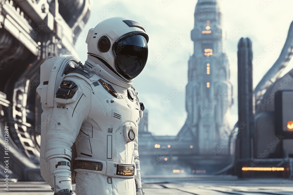 A futuristic space station with sleek architecture, and an astronaut A futuristic space station with sleek architecture, and an astronaut