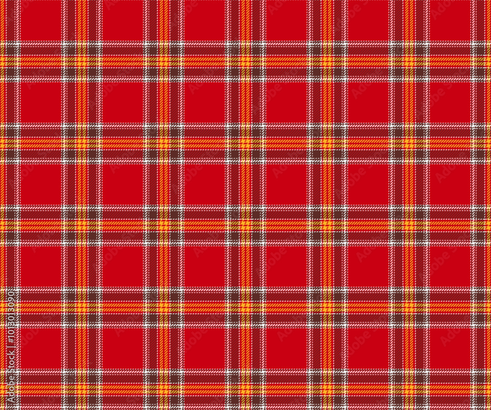 Plaid fabric pattern, red, yellow, white, brown, striking modern luxury cross lines, seamless for textiles, and for designing clothes, skirts or decorative fabrics. Vector illustration. Plaid fabric pattern, red, yellow, white, brown, striking modern luxury cross lines, seamless for textiles, and for designing clothes, skirts or decorative fabrics. Vector illustration.